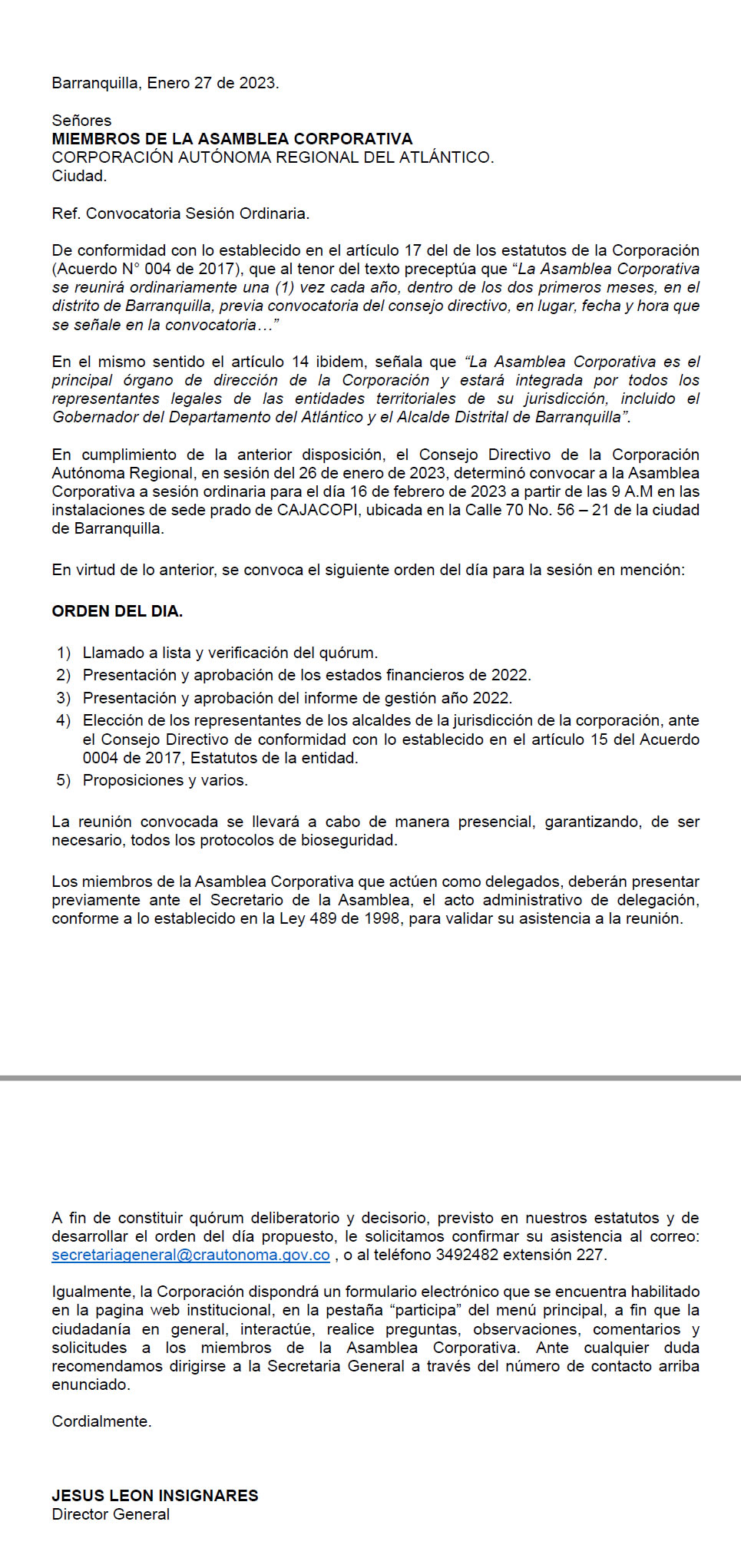 AVISO DE CONVOCATORIA ASAMBLEA CORPORATIVA